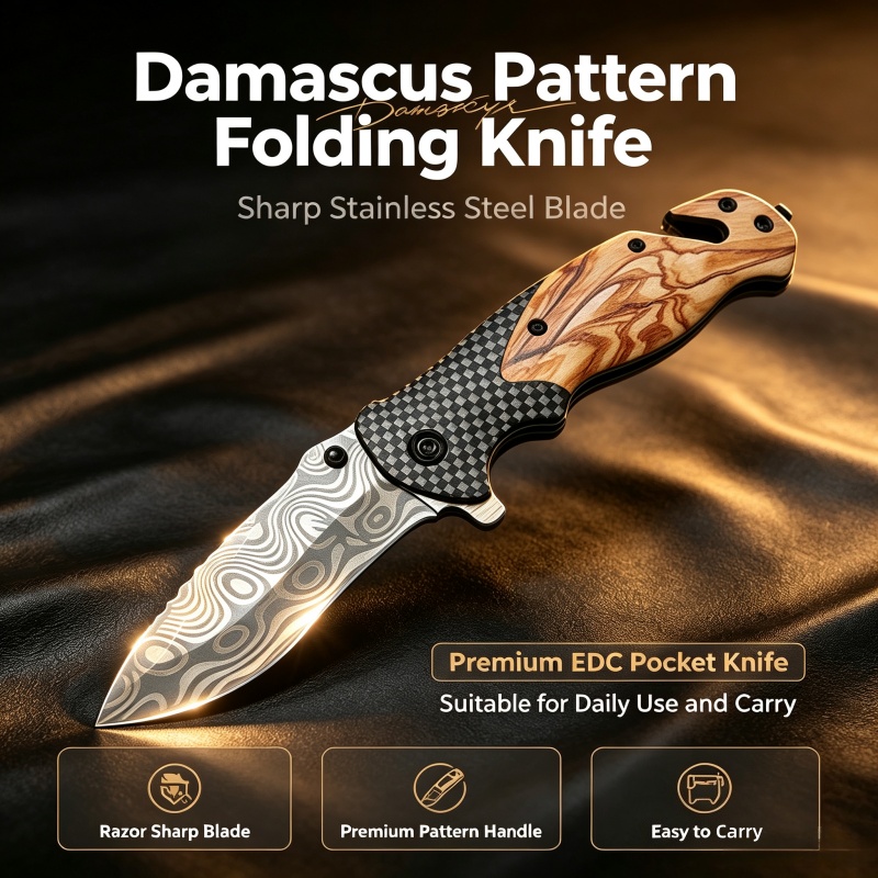 Edc Daily Carry - Pisau Lipat Pola Damaskus Bilah Baja